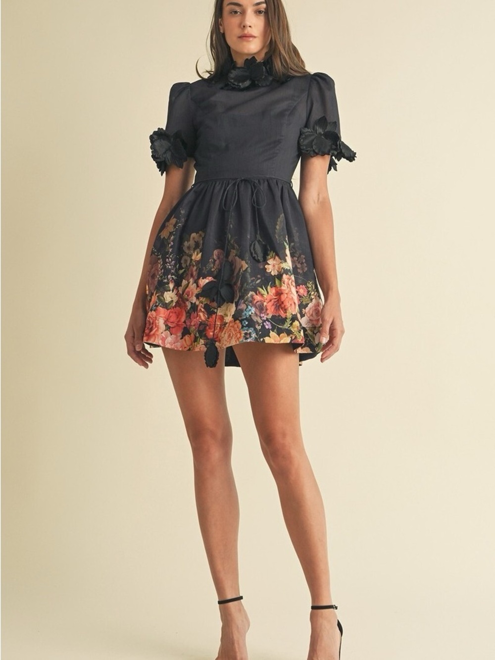 EB Luxe Los Angeles 3D Floral Trim High Neck Short Sleeve Mini Dress - M/L